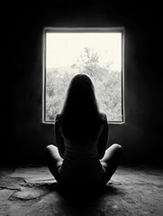 Leinwandbilder - Silhouette of a woman sitting cross-legged, facing a window with a view of trees and a bright sky, in a dark room, contemplative mood. : Generative AI