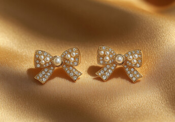 Leinwandbilder - Elegant gold bow earrings adorned with sparkling crystals and pearls, resting on a luxurious golden satin fabric. : Generative AI