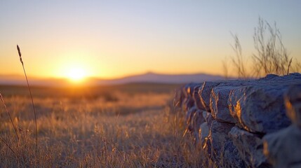 Poster - Serene sunset illuminates a rustic stone wall in a golden field of tall grass, creating a peaceful and tranquil landscape scene. : Generative AI