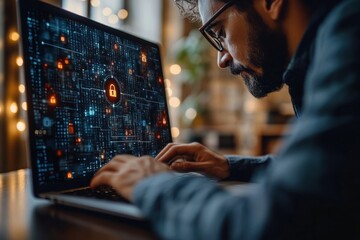 Aufkleber - A focused man works late at night on his laptop, the screen displaying complex cybersecurity data with glowing padlock icons, highlighting digital security and data protection. : Generative AI