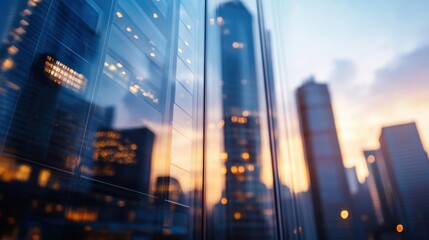 Poster - Cityscape reflection in a modern building's glass facade at sunset, showcasing a server rack's interior lights. : Generative AI