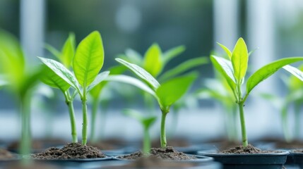 Leinwandbilder - Close-up view of vibrant green seedlings sprouting from rich soil, showcasing early growth and new life in a nursery setting. : Generative AI