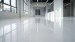© 娜 赵 - Spacious bright indoor space with mirror-like floor reflecting natural light and ceiling lights, white walls, distant doors.