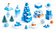 © indah - Isometric winter scene with icy structures, snowy trees, and gifts