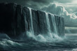 © sahruddin - Dark Gray And Teal Waterfall Cascading Over A Cliff Into A Turbulent Ocean