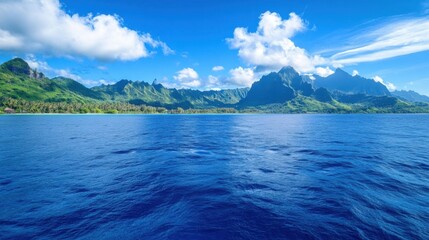 Poster - Tranquil ocean view of a lush tropical island with majestic mountains under a vibrant blue sky, showcasing a serene and idyllic landscape. : Generative AI