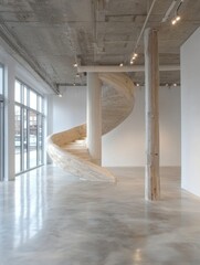 Poster - Modern concrete spiral staircase in a minimalist gallery setting, featuring large windows and polished concrete floors, creating a bright and airy atmosphere. : Generative AI