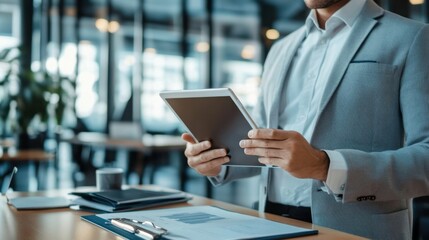 Poster - Businessman reviewing data on digital tablet in modern office setting.  He's dressed in a smart grey suit and white shirt, showcasing professionalism and technology integration. : Generative AI