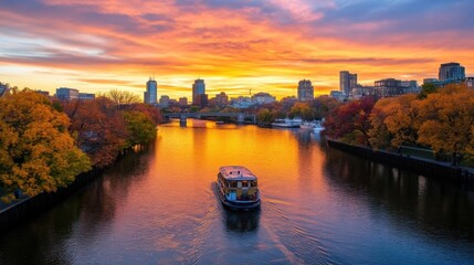 Poster - A tranquil boat glides along the Charles River in Boston, Massachusetts, at sunset, with vibrant autumn foliage lining the banks and a stunning cityscape reflected in the water. : Generative AI
