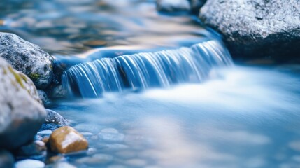 Aufkleber - Serene waterfall cascading over smooth, grey rocks into a tranquil blue stream, creating a peaceful and natural scene. : Generative AI