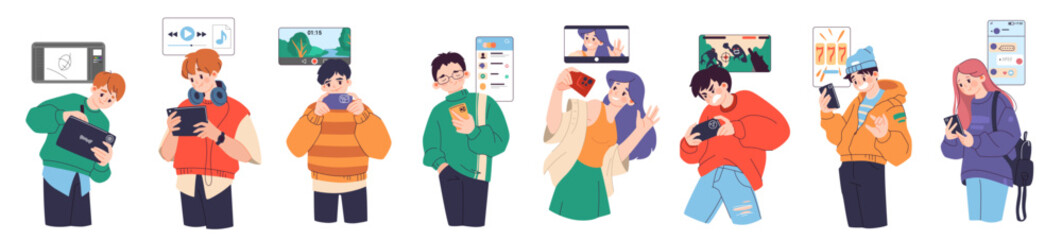 Poster - People using phone. Young man, girl with mobile video smartphone, friend selfie. Smart connection, app design. Woman talking and chatting, playing games. Vector cartoon flat isolated set