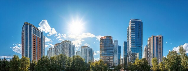 Aufkleber - Modern high-rise residential buildings stand tall against a vibrant blue sky, bathed in bright sunlight. Lush green trees frame the cityscape. : Generative AI