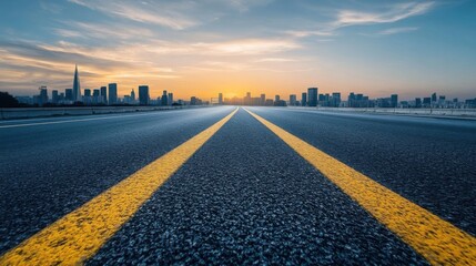 Aufkleber - Asphalt road leading towards a modern city skyline at sunset, showcasing yellow lane markings and urban development. : Generative AI