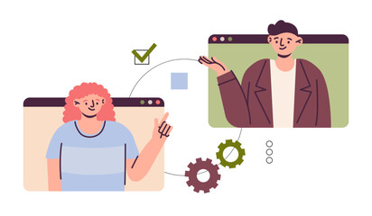 Poster - Online meeting. Business web conference, virtual call technology, man and woman on computer screen. remotely using laptop, webinar and communication. Vector cartoon flat illustration