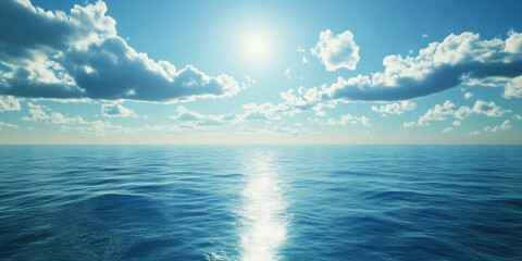Poster - Serene ocean scene with bright sun reflecting on calm blue water under a partly cloudy sky, perfect for travel or nature themes. : Generative AI