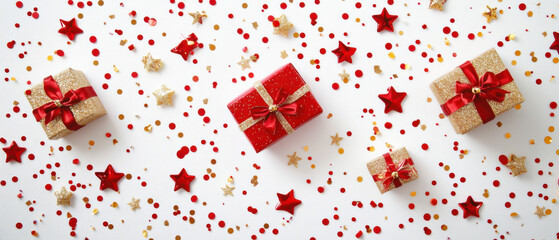 Aufkleber - Red and gold glitter gift boxes with stars and confetti on white background, festive holiday celebration concept. : Generative AI