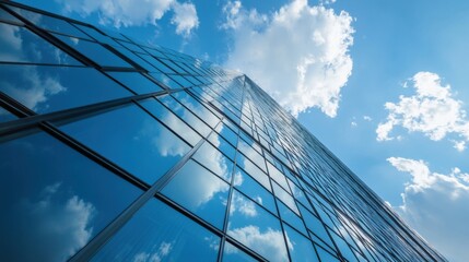 Poster - Modern skyscraper facade reflecting blue sky and fluffy clouds, low angle view showcasing architectural design and glass panels. : Generative AI