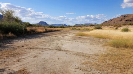 Poster - Arid desert landscape with dry riverbed and distant mountains under a partly cloudy sky, showcasing the beauty of a southwestern US desert scene. : Generative AI