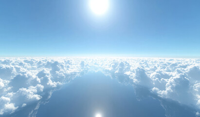 Aufkleber - A breathtaking aerial view reveals a boundless expanse of fluffy cumulus clouds beneath a vibrant, sunlit blue sky, creating a serene and peaceful atmosphere. : Generative AI