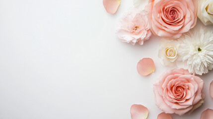 Poster - Elegant arrangement of pastel pink roses, delicate white chrysanthemum, and rose petals on a white background, perfect for wedding invitations or feminine branding. : Generative AI