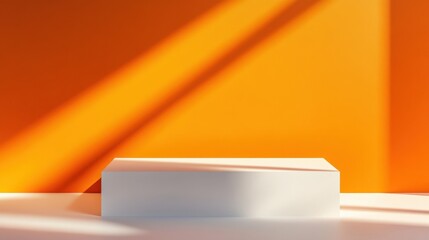Poster - A minimalist white platform sits against a vibrant orange wall, bathed in sunlight streaming through unseen windows, creating dynamic shadows. : Generative AI