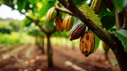 Aufkleber - Ripe cacao pods hanging from a tree branch in a lush tropical plantation, showcasing the rich colors and textures of the cocoa beans. : Generative AI
