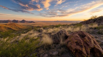 Poster - Sonoran Desert Sunset: A panoramic view of rolling hills and dry grasses bathed in the warm glow of the setting sun, with a large rock in the foreground. : Generative AI