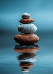 Poster - Serene Stack of Balanced Stones Reflecting in Calm Water, a Symbol of Tranquility and Inner Peace. : Generative AI