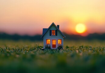 Poster - A miniature house with warm interior lights sits in a grassy field at sunset, creating a serene and peaceful scene. : Generative AI