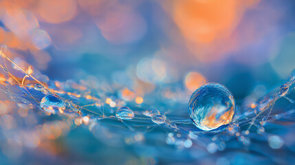 Wall Mural - Water Droplet on Spiderweb with Blue and Orange Hues