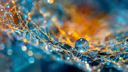 Wall Mural - Water Droplet on Spiderweb with Blue and Orange Hues