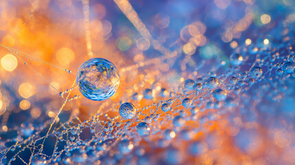 Wall Mural - Water Droplet on Spiderweb with Blue and Orange Hues