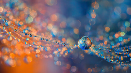 Wall Mural - Water Droplet on Spiderweb with Blue and Orange Hues