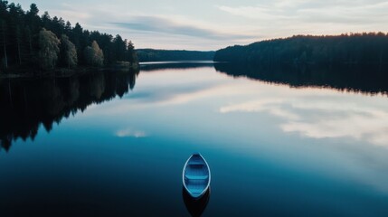 Poster - Serene twilight scene featuring a small blue rowboat peacefully resting on a calm lake, surrounded by the tranquil reflection of a lush forest. : Generative AI