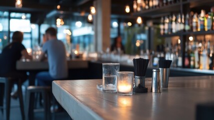 Fototapete - A dimly lit bar scene with a focus on a table featuring a lit candle, glasses of water, and cocktail stirrers, with blurred patrons in the background. : Generative AI