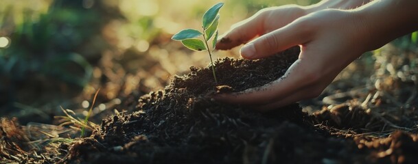Poster - A pair of hands gently plants a small seedling into rich, dark soil, bathed in the warm glow of the setting sun. : Generative AI