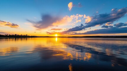 Poster - Serene sunset over a calm lake, reflecting vibrant orange and yellow hues in the tranquil water, with a silhouette of trees on the far shore. : Generative AI