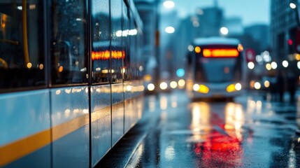 Aufkleber - Rainy evening city street scene with a tram and bus, blurred lights reflecting on wet pavement.  The focus is on the tram's side, showing rain droplets. : Generative AI