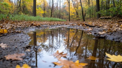 Leinwandbilder - Autumnal forest puddle reflecting golden trees, muddy trail with fallen leaves, tranquil autumn scene. : Generative AI