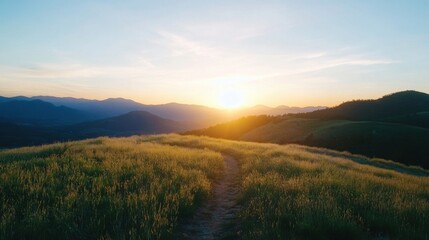 Poster - Sunset over rolling hills and grassy meadow, a tranquil path winds through golden grass towards the setting sun, creating a serene landscape. : Generative AI