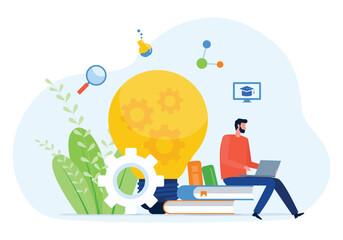 Wall Mural - vector illustration design online education and e-learning concept with student sitting on the book 