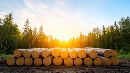 Stacked logs form a pattern with sunlight filte through the forest trees at the edge of the logging site.