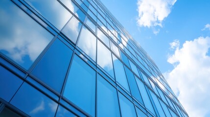 Poster - Modern glass skyscraper reflecting blue sky and clouds, low angle view showcasing architectural design and urban landscape. : Generative AI