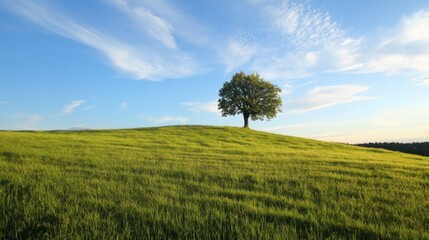 Leinwandbilder - Solitary tree stands tall on a gently rolling green hill under a vibrant blue sky, showcasing a peaceful and idyllic landscape. : Generative AI