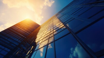 Poster - Low angle view of modern glass skyscraper reflecting sunset clouds, showcasing architectural details and urban landscape. : Generative AI
