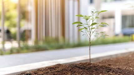 Poster - A small sapling, newly planted in dark soil, stands against a blurred backdrop of modern architecture and lush greenery, symbolizing growth and urban renewal. : Generative AI