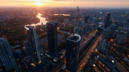 Leinwandbilder - Aerial view of Toronto cityscape at sunset, showcasing modern skyscrapers, a winding river, and illuminated city streets with traffic. : Generative AI