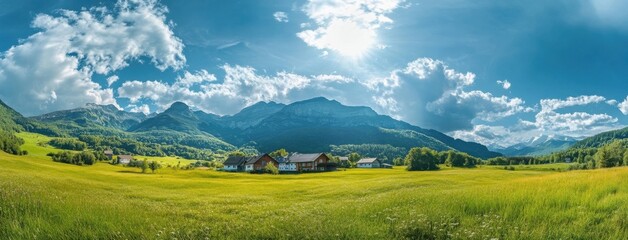 Poster - Picturesque alpine village nestled in a vibrant green valley, surrounded by majestic mountains under a bright, sunny sky. : Generative AI