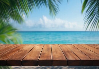 Poster - Empty wooden table overlooking a tropical beach scene with palm trees and turquoise ocean under a bright sunny sky. : Generative AI