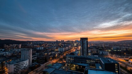 Leinwandbilder - A panoramic view of a city skyline at sunrise, showcasing modern architecture and a vibrant urban landscape bathed in warm, golden light. : Generative AI